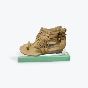 Bucco Women's Camel Faux Leather Fringe Glider Wedge Sandals Size 10